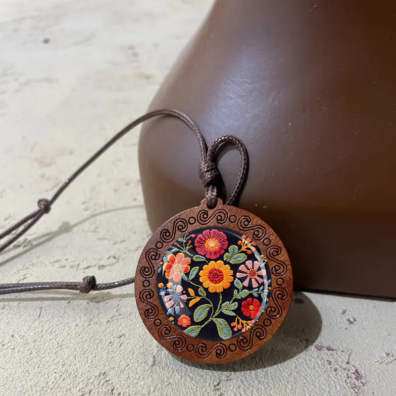 Wooden Pendant Necklace with Black Floral Embroidery Design